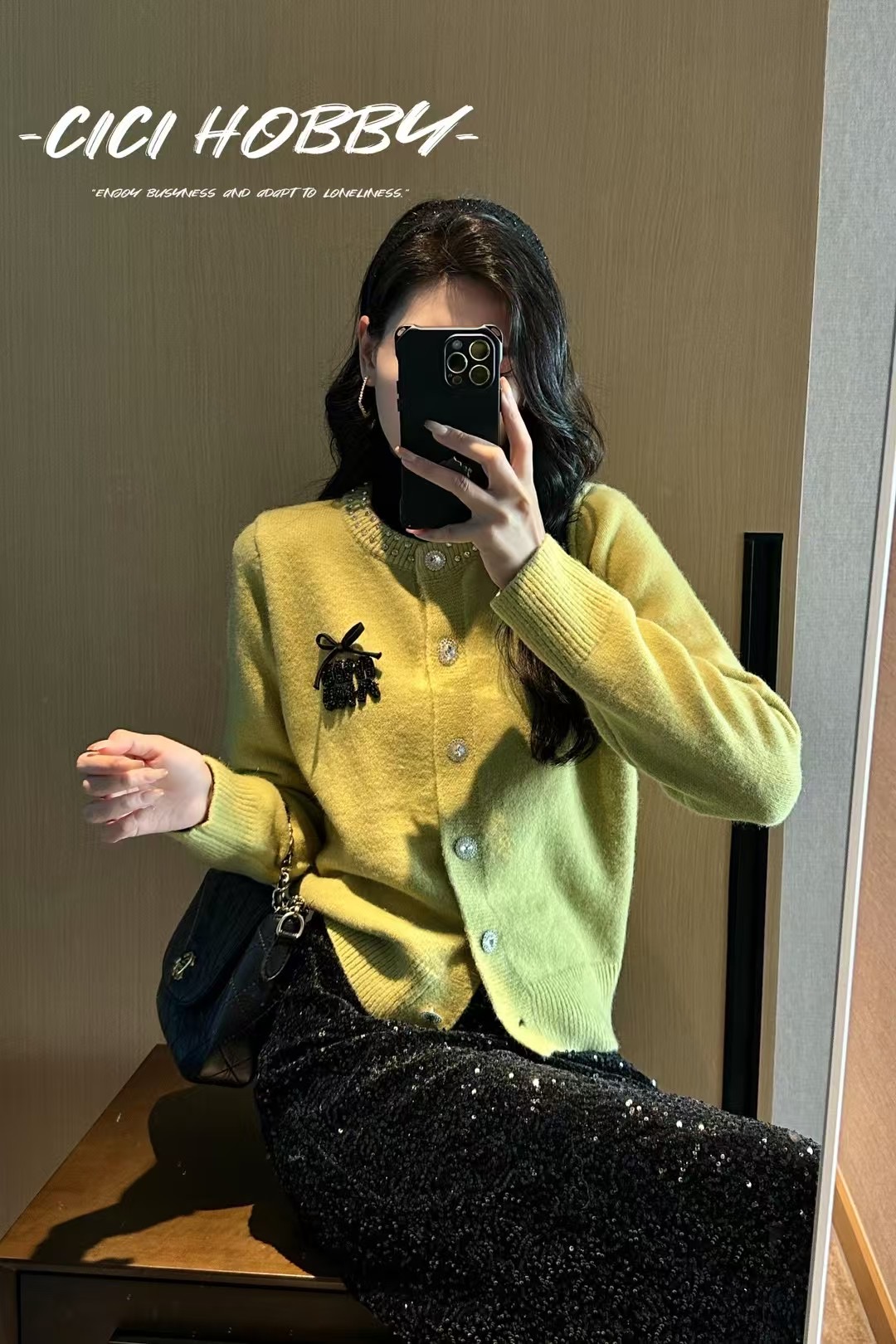 多色可选针织立体字母蝴蝶结贴标设计开衫外套软糯毛衣钉珠领上衣