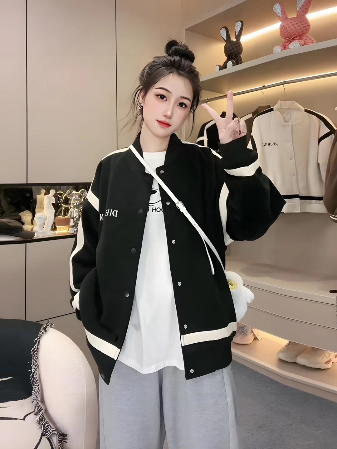 韩国新品 美式学院风棒球服秋季慵懒宽松休闲百搭复古撞色外套女